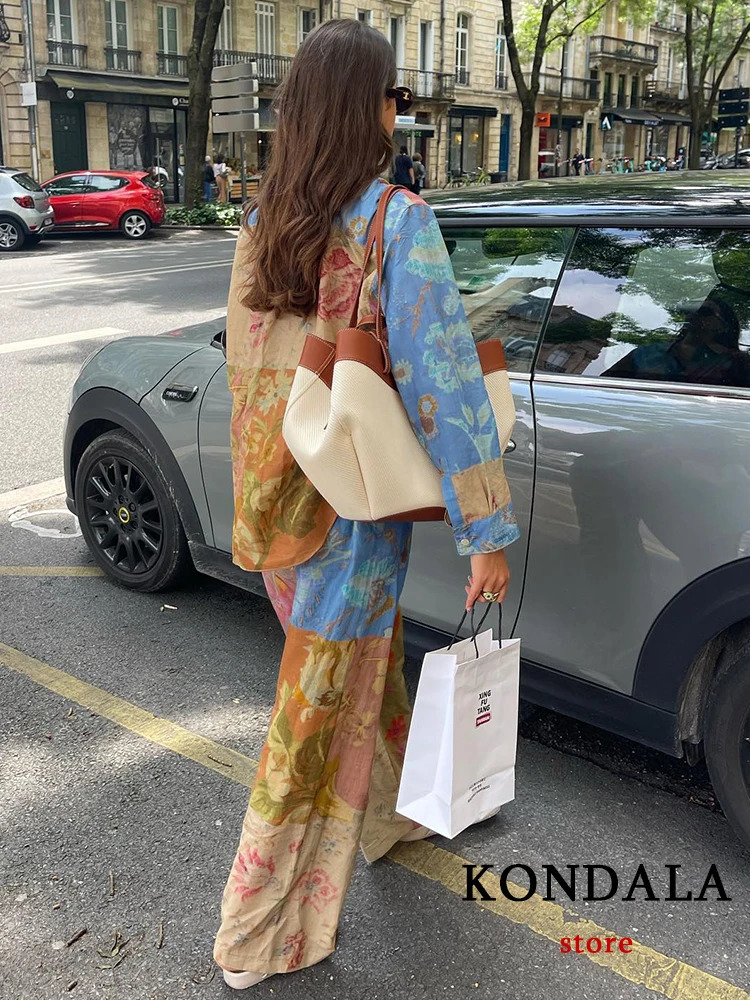 TRAFZA Vintage Tie Dye Print Women Suit Single Breasted Blouse Straight Long Loose Pants Fashion Summer Boho Sets 250313
