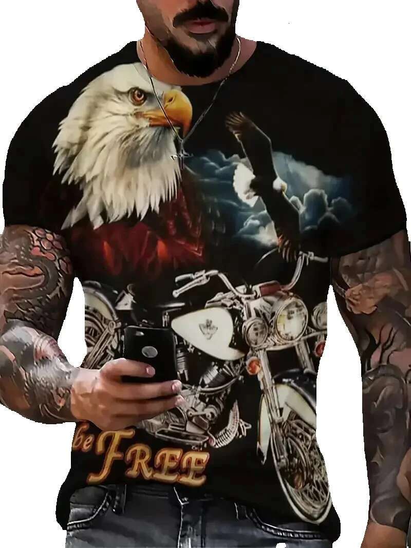 Men's 3D printed short sleeved T-shirt, round neck top, retro fashion, motorcycle pattern, breathable street trend, new, 2024