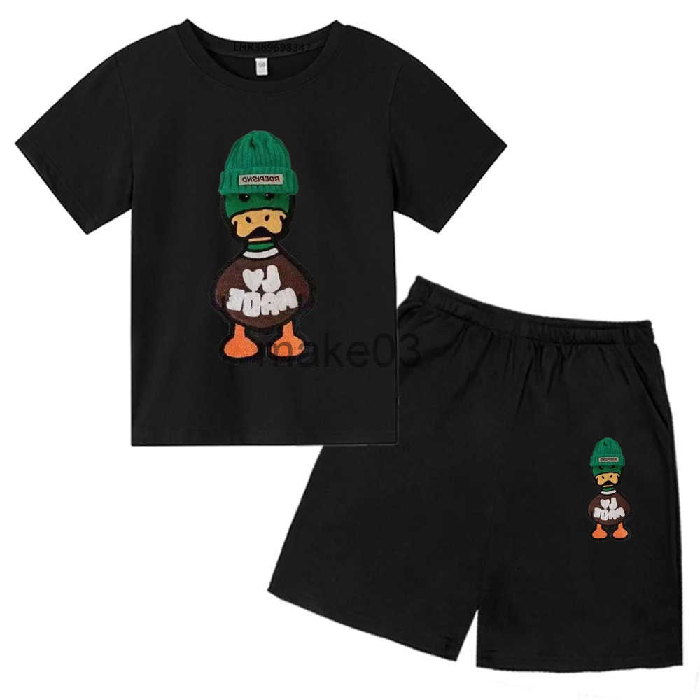 3-12-year-old and girls green hat duck T-shirt+shorts white short sleep childrens summer boys 2-piece casual set J250403
