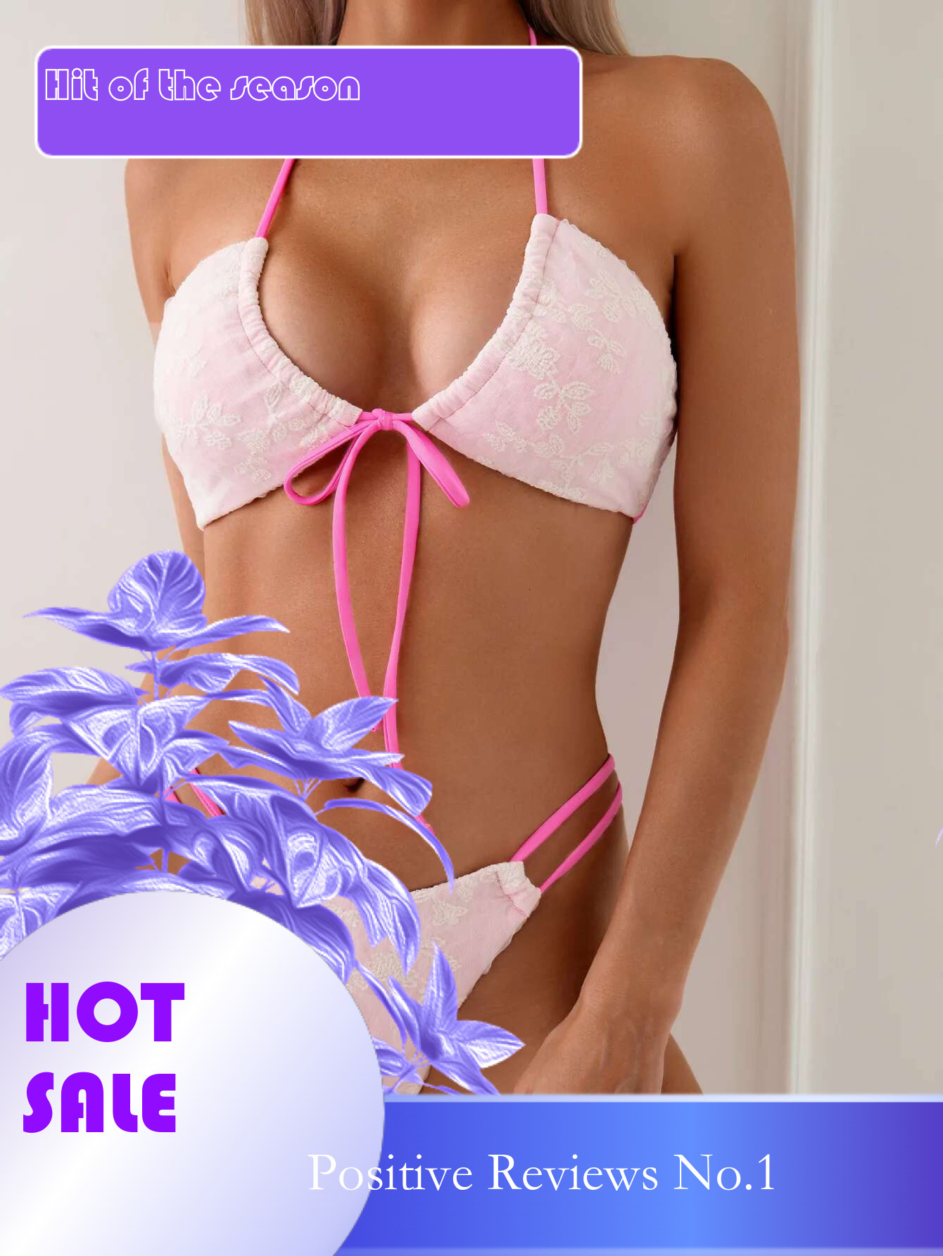 Dongdumaoyi Sexy Pink Contrast Bikini Women Front Tie Lace Crochet Flower Push Up Micro Swimsuit Brazilian Bathing Suit Thong Swimwear
