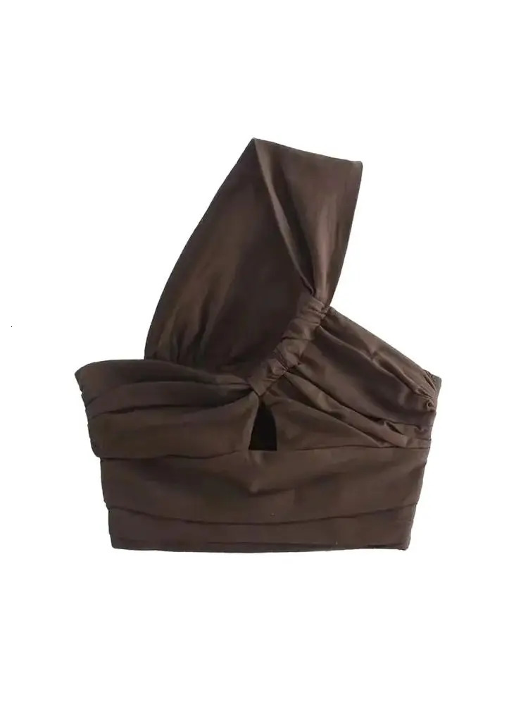 TRZA Womens Sexy Folded Asymmetric Linen Crop Vest Retro Single Shoulder Side Zipper Camis Mujer 250407