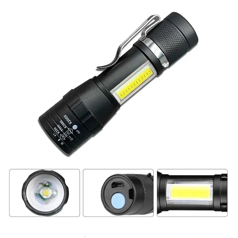 Portable Rechargeable LED Flashlight with Pen Clip Zoomable Waterproof Torch with Side Light Outdoor Camping Emergency LanternW251106