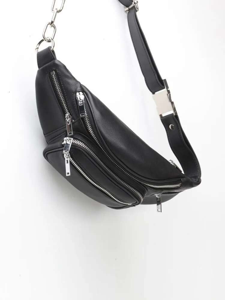 High Street Women Genuine Chest Casual Multi Pocket Waist Bags Fashion Cow Leather Sheepskin Chain Shoulder Bag Flap