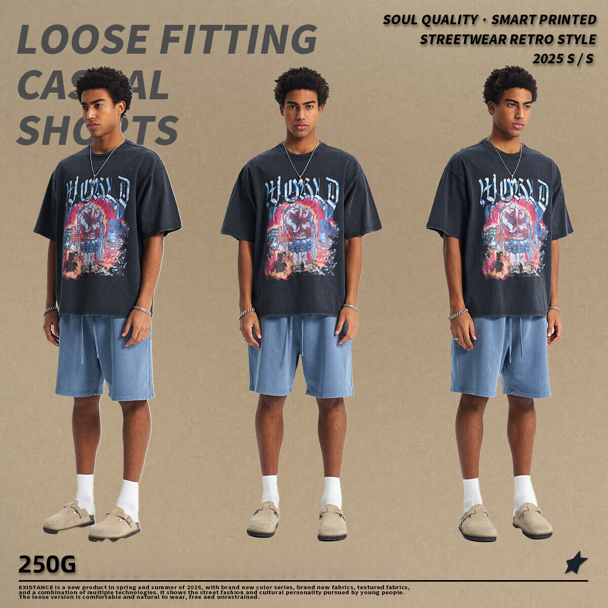 Chain fashion men's clothing | Black distressed printed T-shirt with loose edges, cut holes, washed cotton short sleeved shirt