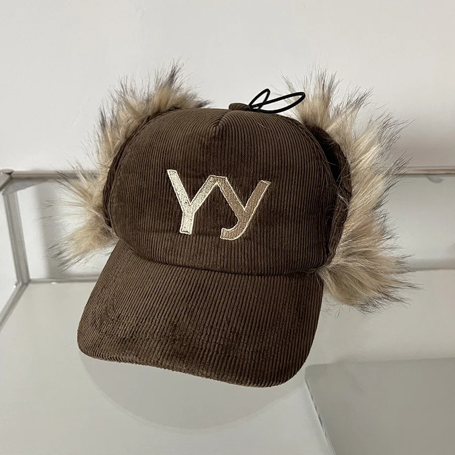 Retro Corduroy Baseball Caps letter Embroidered Thick Furry Faux Fur Hat Outdoor Sunscreen Caps Korean Casual Hat For Women 251105