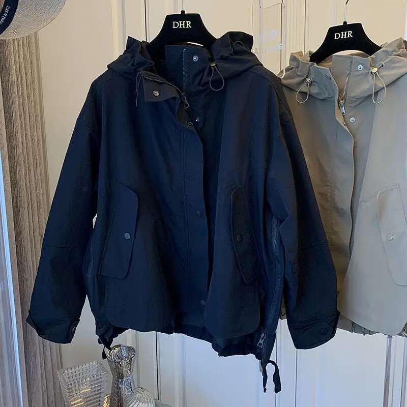 Design Niche Korean Loose Casual Long Sleeve Jacket Big Pockets Patchwork Zip Up Trench Cropped Coat 2024 Autumn Chic Outwears