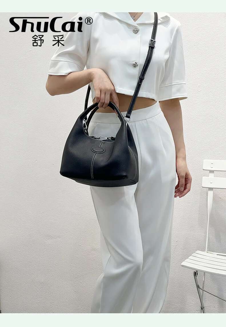 Genuine Leather Women's Cowhide Bucket Bag Vegetable Basket Shoulder Niche Design Underarm Crossbody Bags For Women