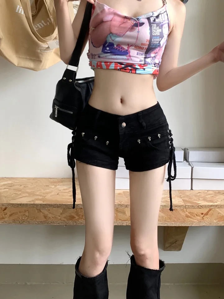 American Retro Black Sexy Skull Mini Jean Shorts Women Y2k Summer Low Wasit Micro Short Jeans Woman with Bandage Korean Fashion 250407