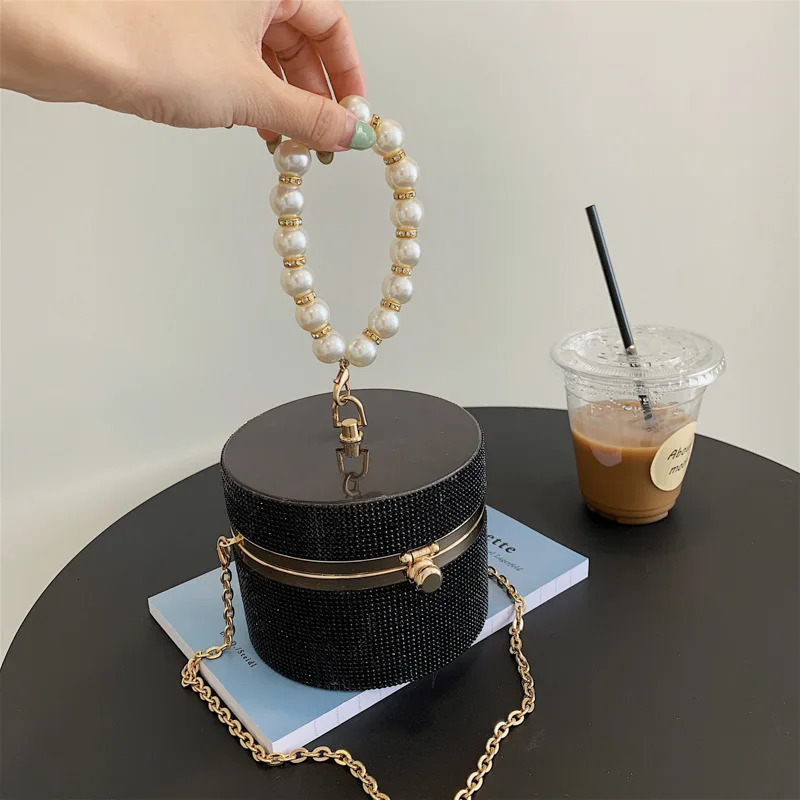 Round plastic box party clutch bag womens wallet and handbag wedding evening bag chain shoulder bag bead wristband 250402