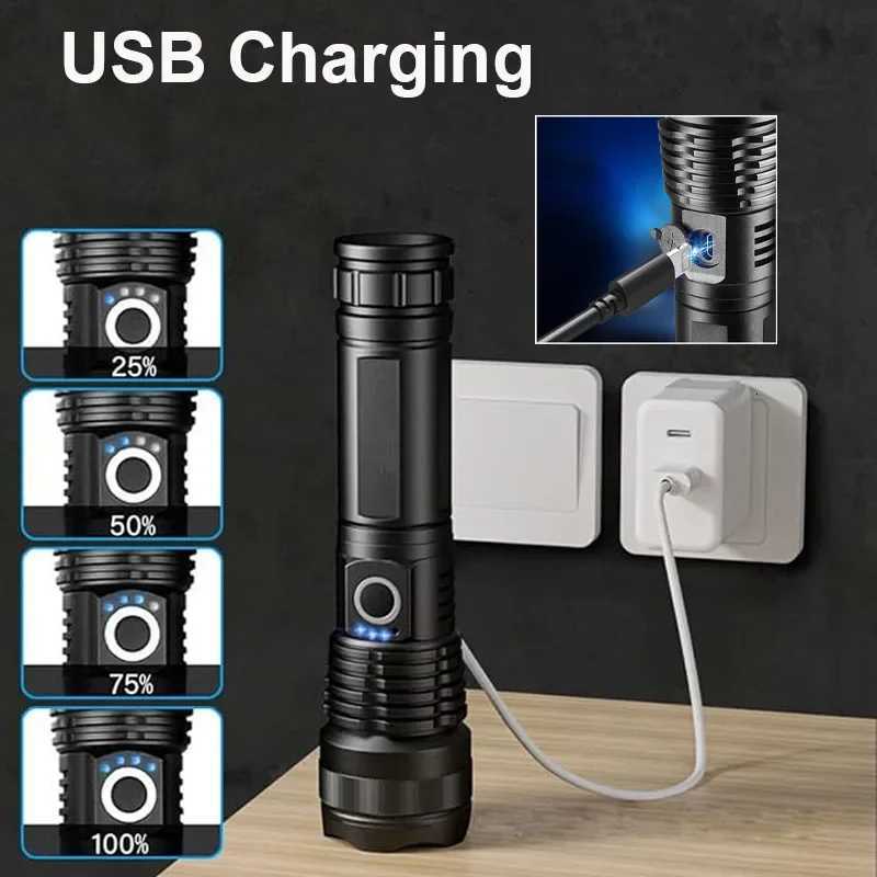 High Power Aluminum Alloy USB Rechargeable LED Flashlight with Zoomable Torch Lamp Built-in 18650 Battery for CampingW251106