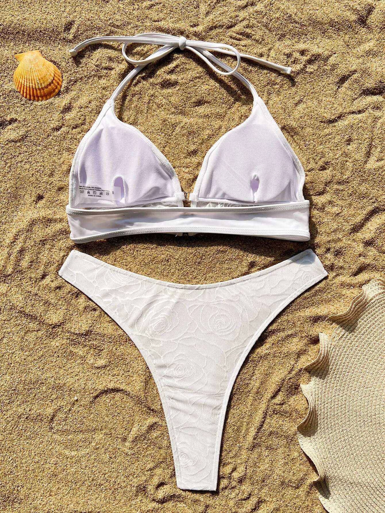 Dongdumaoyi Sexy High Waist Bikini Set Women Solid White Floral Print Mesh Metal Push Up Swimwear Beach Bathing Suit Two Piece Swimsuit