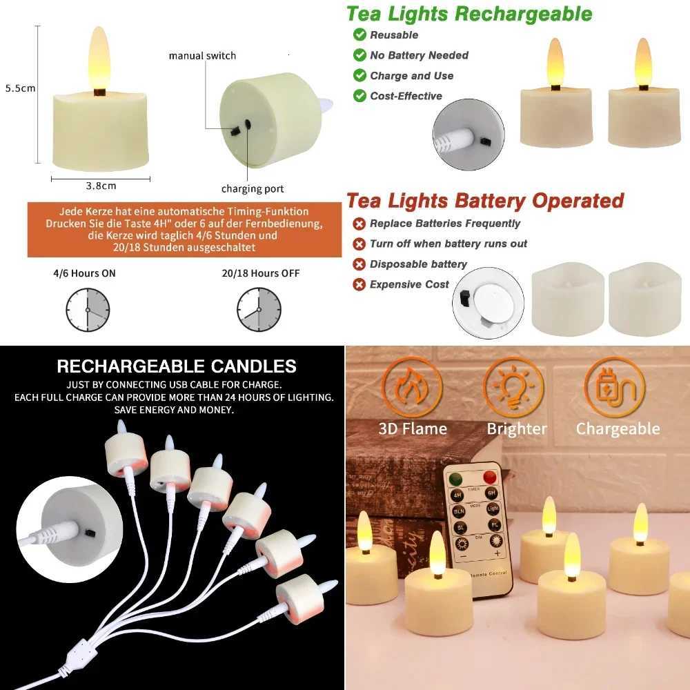 6/12Pack Rechargeable Flameless Candles Flickering LED Tea Light Candles 3D Wick Battery Operated Electronic Candle Lamp W251107