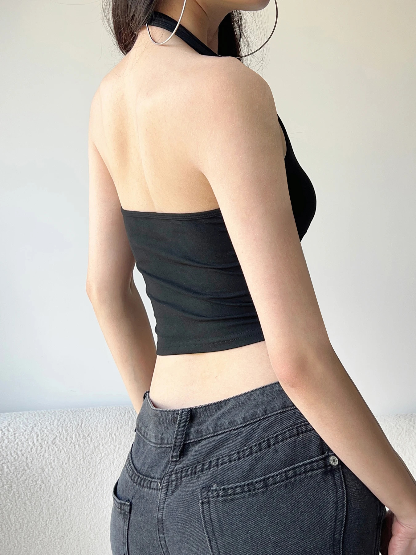 IAMSURE Basic Solid Backless Hanger Top Sexy Ultra Thin Deep Vneck Sleeveless Tank Womens Summer Fashion Street Clothing Women 250407