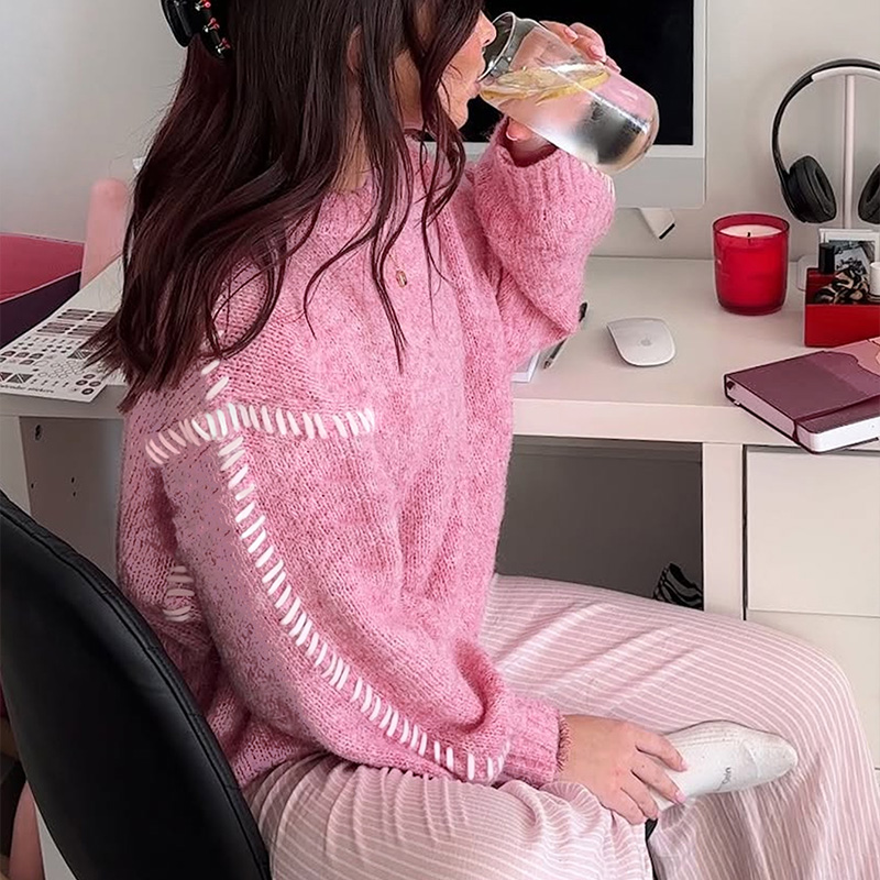 Women's color-block top, round-neck long-sleeved sweater, popular and trendy across all seasons, out-going tops, women's office outfits, pul