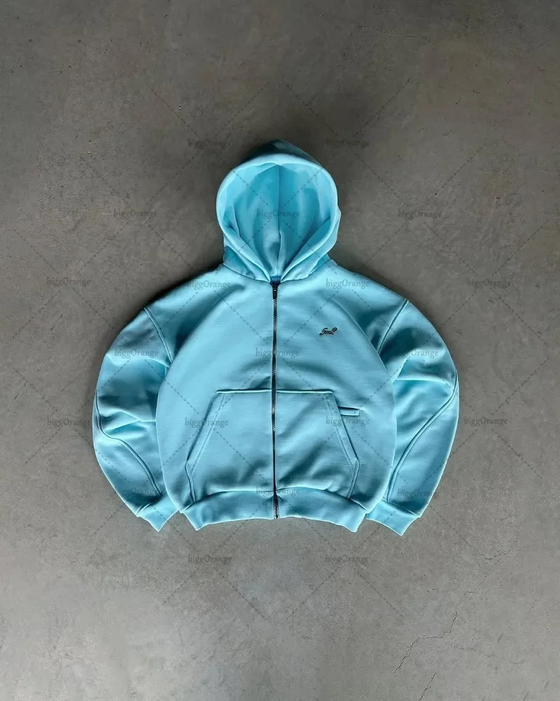 Y2K Harajuku Couple Solid Color Zipper Sweatshirt Fashion Casual Clothing Street Super Loose Hoodie 250403