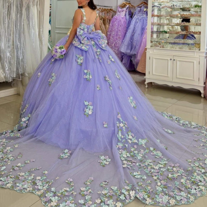 Lavender Shiny Princess Quinceanera Dresses Off Shoulder Beads Applique Lace Bow Tull Sweet 16 Dress Ball Gown Vestidos 15 Anos