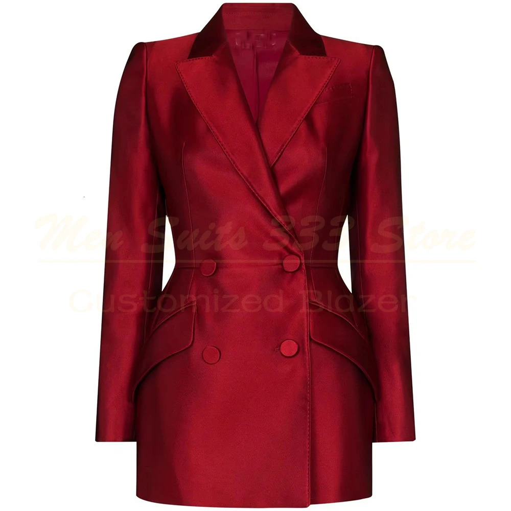Elegant Red Women Suits Blazer Fashion Double Breasted Lapel Satin 2 Piece Jacket Pants Outerwear Office Lady Full Sets 250321