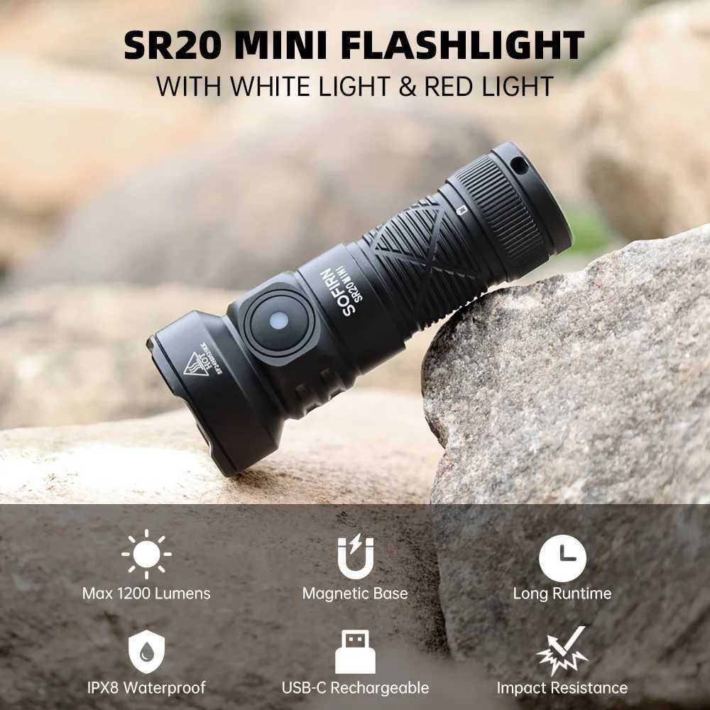 New Sofirn SR20 MINI 1200lm Flashlight 18350 USB C IP68 Waterproof with Red LED Key Light for Camping Emergency SituationsW251106