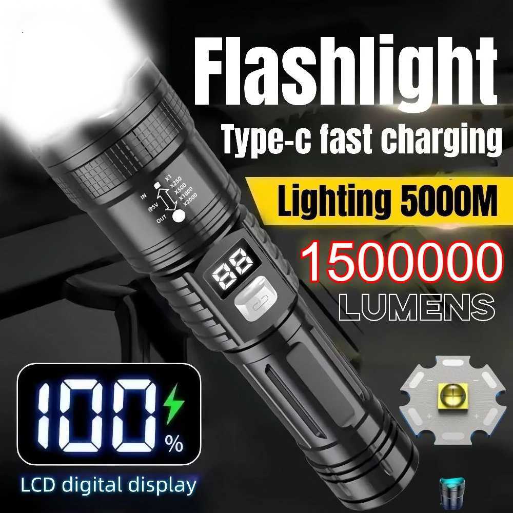 1500000LUM LED Flashlight High Power Type-C Rechargeable Torch Zoomable Light for Outdoor Camping Hiking Lamp Emergency LanternW251106