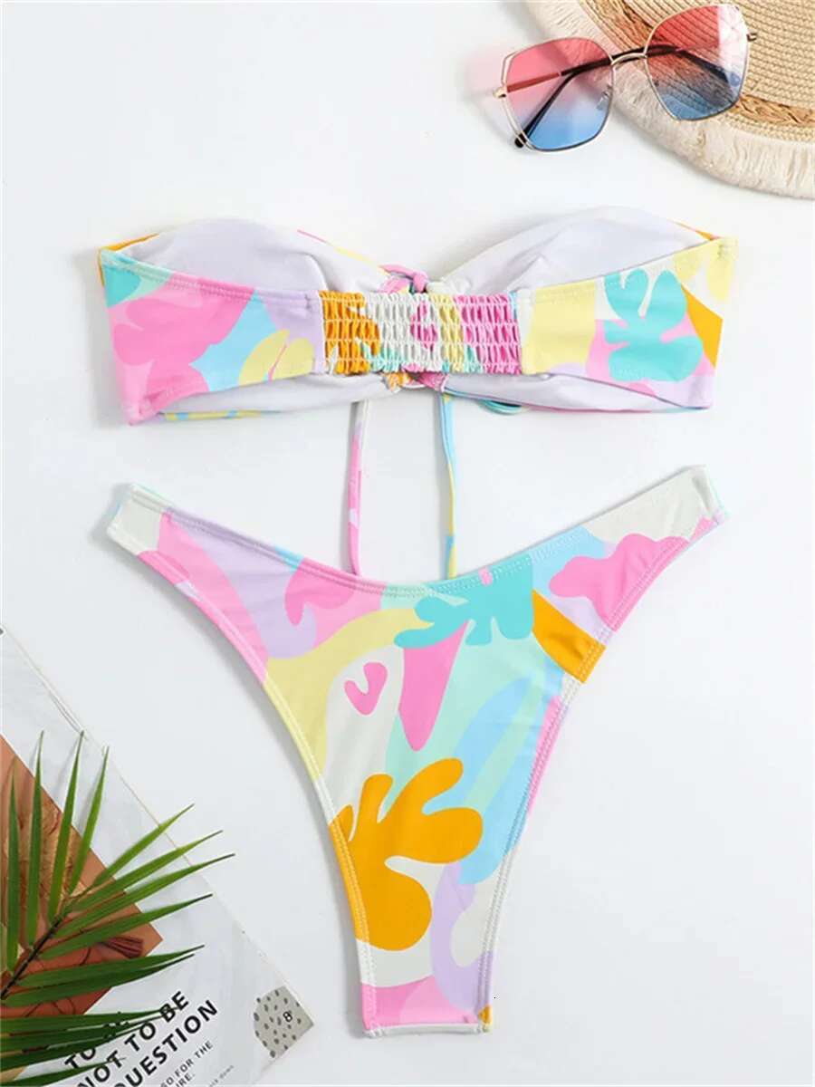 Dongdumaoyi Sexy Bandeau Bikini Women Pink Floral Print Ring Linked Drawstring Push Up Micro Swimwear Beach Bathing Suit Thong Swimsuit