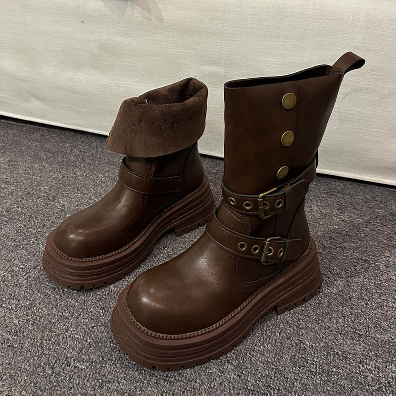 Women Boots:Spring Simple Design Versatile Soft Leather Thick Sole Fashion Slimming Boots Black/Brown Free shipping