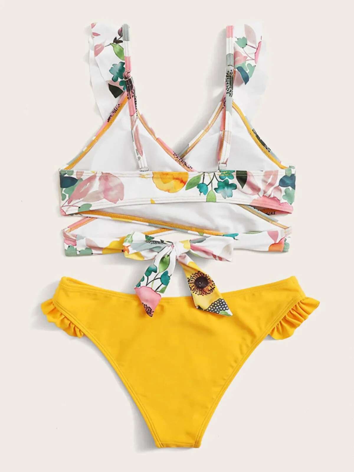 Dongdumaoyi Yellow Flower Print Two Piece Swimsuit Sexy Cross V Neck Suspender Backless Bikini Set Ruffle Beach Vacation Bathing Suit