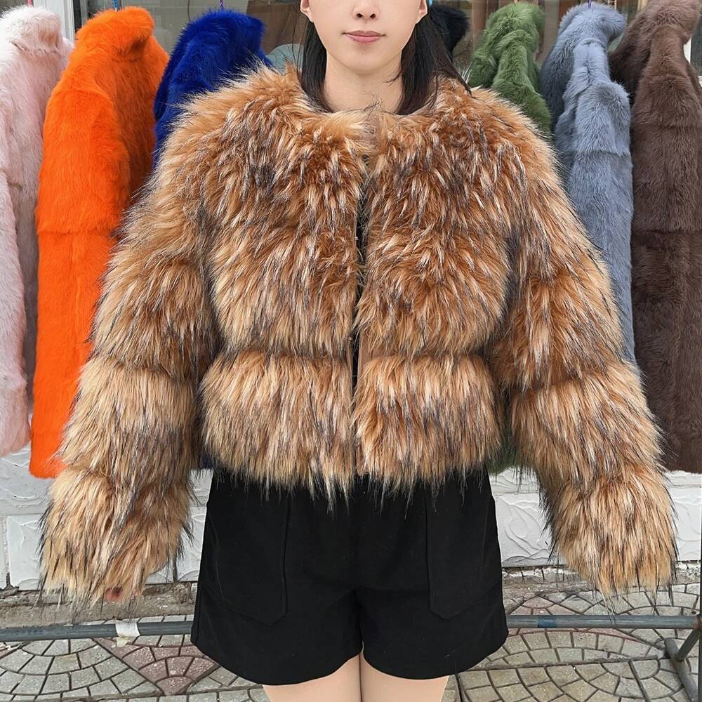 HOOOFUR Faux Women's Jacket Winter Fashion Warm Thick Fox Raccoon Leather Brown Plus Size Especially Fake Fur Cold Coat
