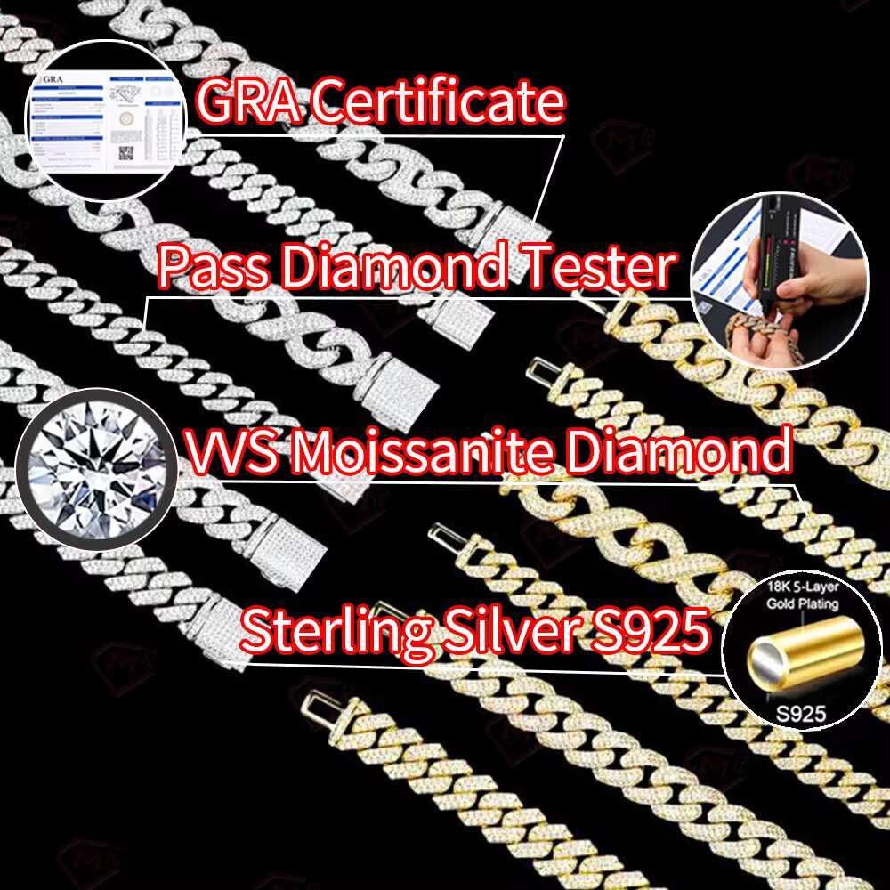 Rose Gold Moissanite Cuban Chain Pass Tester Vvs Diamond Iced 925 Silver Miami Cuban Link Chain