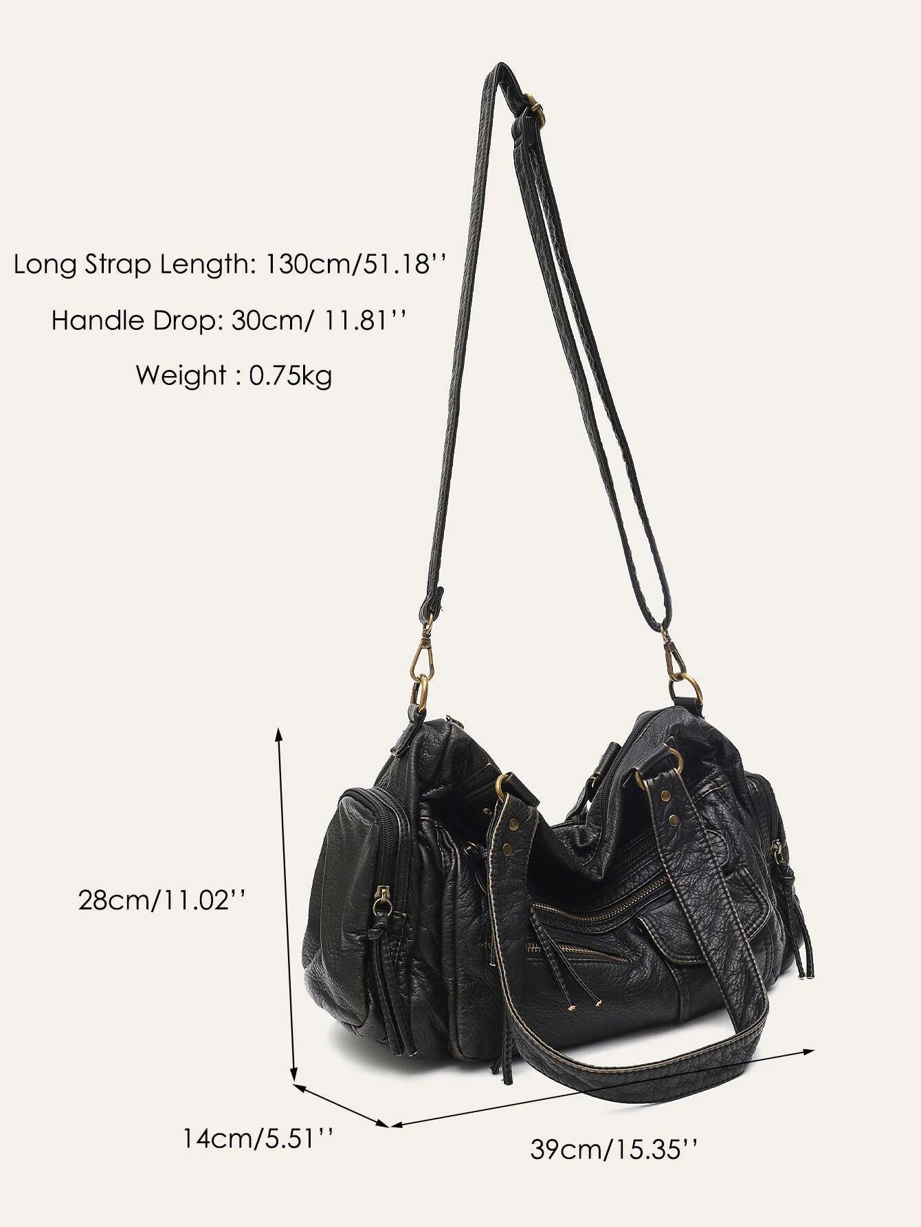 Vintage Women Unisex Brush-Off Color Washed PU Vegan Leather Zip Pockets Shoulder Cross Body Bag Large Retro Casual Daily Travel