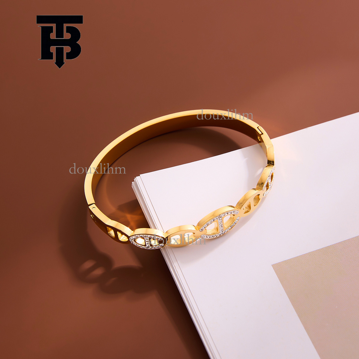 TB BHULAMTE Designer Luxury Gold - Tone Linked Oval Bracelet With Rhinestone Accents Sparkling Zircon Trapezoidal Opening Bracelet With Gold Style Fas