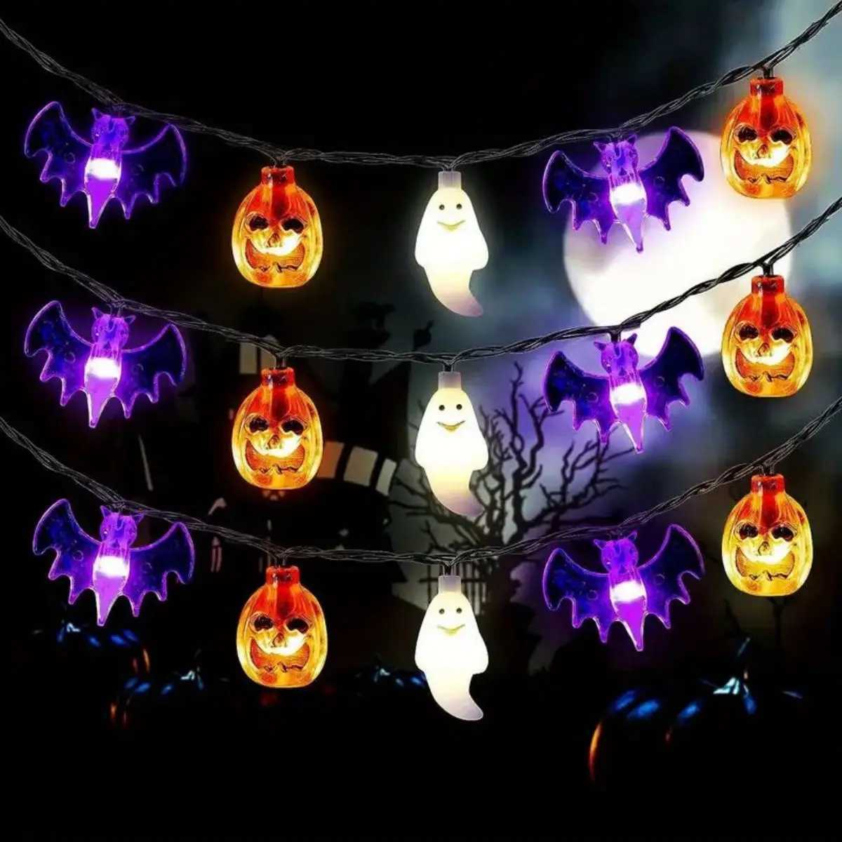 1pc Halloween String Lights Battery Operated 3D Pumpkin Bat Ghost Lights Halloween DecorationBattery Not Included W251107