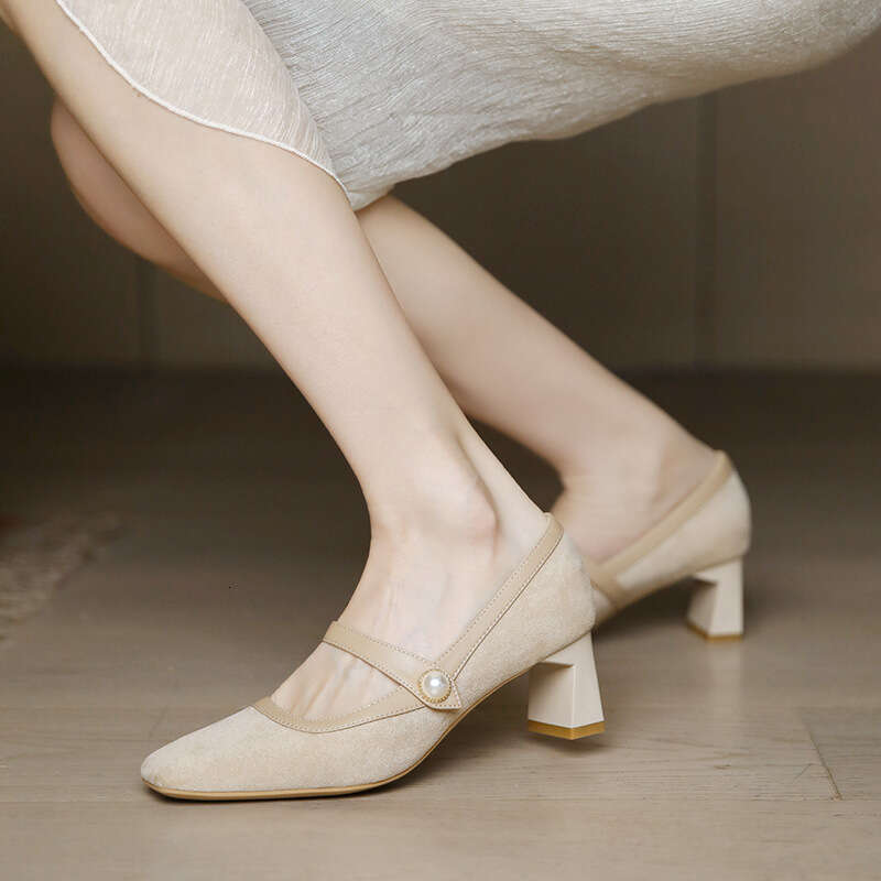 Free shipping Mary Jane High Heels Women, Chunky 2023 New Retro Style, Versatile With Dresses, French Style Mid Heel, Square Toe Single Shoes For Wome