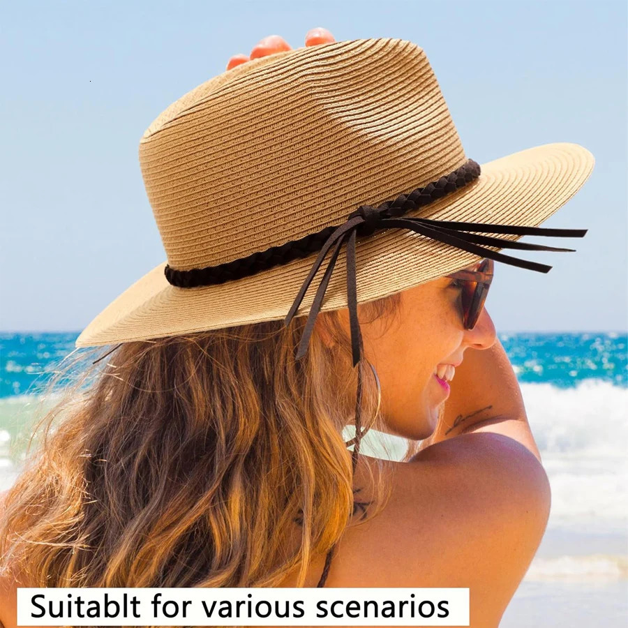Womens Wide Brim Straw Panama Hat Fedora Summer Beach UV Protective Sun UPF 250326