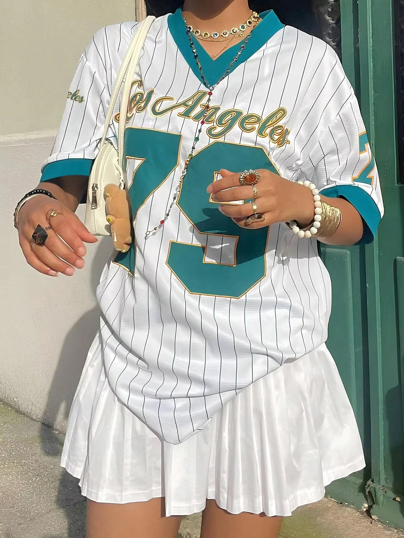 Los Angeles womens letter printed Vneck short sleeved Tshirt summer graphic baseball shirt oversized sports 250407