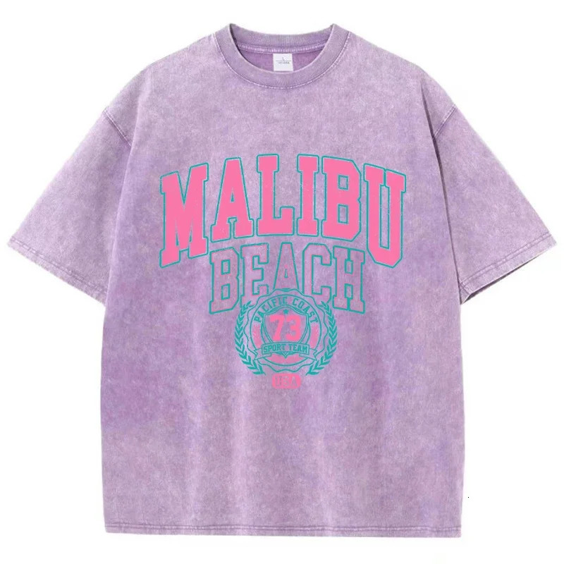 Malibu Beach Washed Tshirt Womens Letter Printed Cotton Comfortable Crewneck Top Casual Oversized Clothing 250407