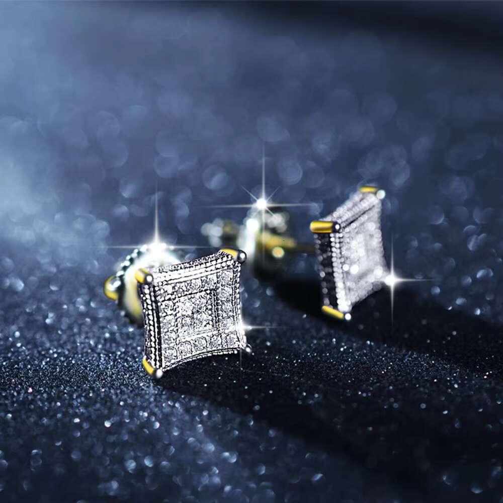 Hip Hop Designs 14K Gold Plated Studded Iec Out VVS Moissanite Diamond 925 Silver Square Stud Earrings for Men