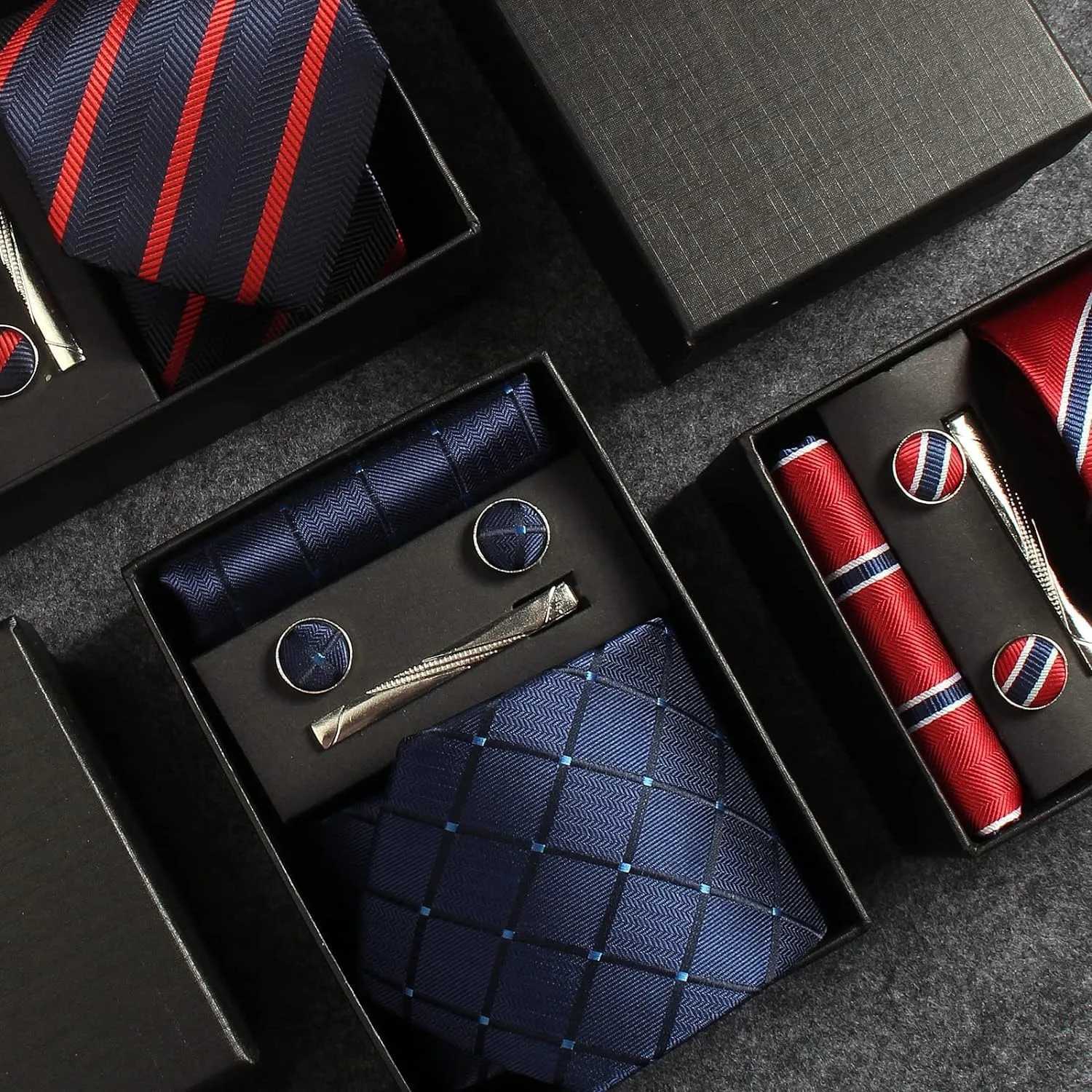 Classic 100% Silk Mens Ties In Gift box 8cm Plaid Dot Striped Business Necktie Handkerchief Cufflinks Wedding Party Tie Set X250407