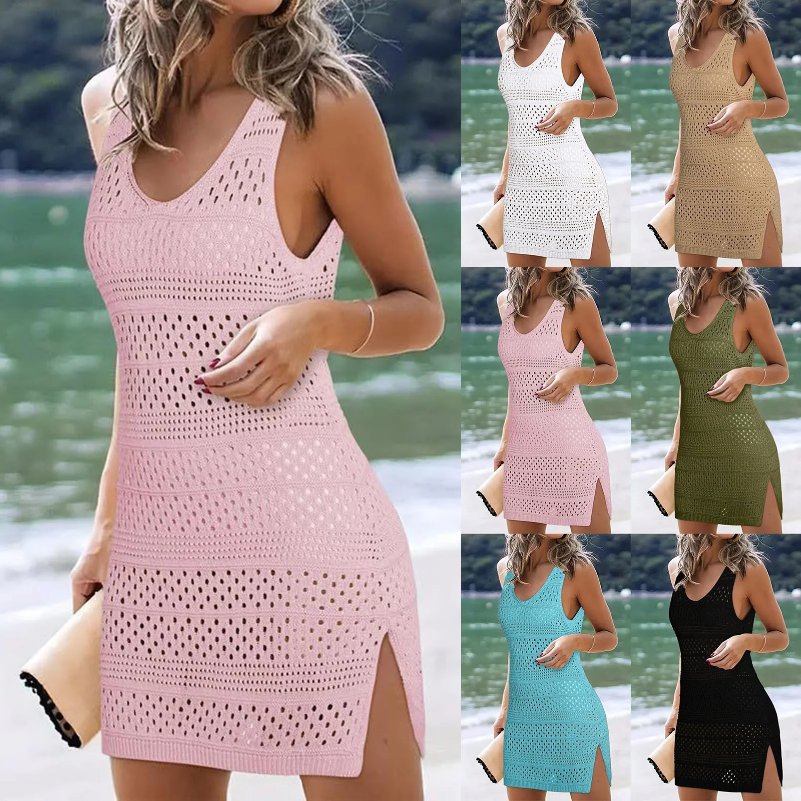 Womens swimsuit cover Ups dress Cutout beach cover sleeveless crochet bathroom cover summer beachwear hollow beach cover 250402