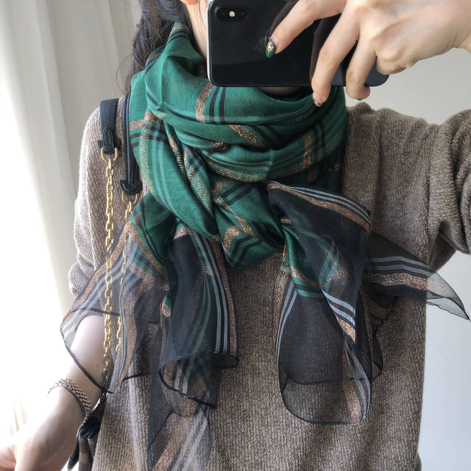 K329 Spring and autumn silk wool all-match scarf women's gold thread large plaid silk scarf autumn mulberry silk thin shawl long gauze scarf