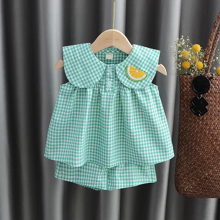 Summer Clothing Sets Baby Girl Cute Fruit Cotton Girls Plaid Sweet Princess 2pcs Suit Childrens Clothing Kids Vestidos 250407
