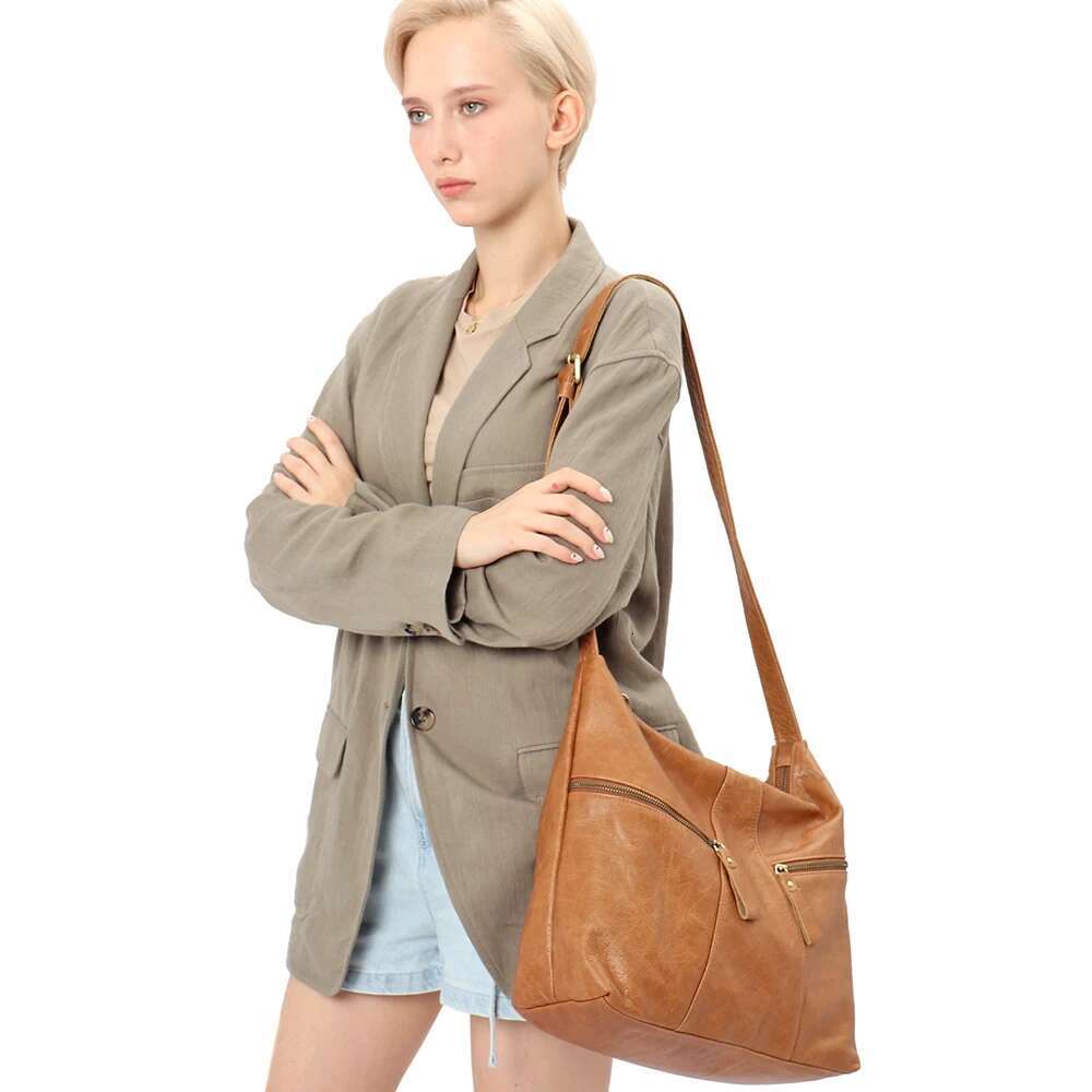 SC Vintage Large Casual Women Shoulder Bag Oil Wax Genuine Leather Multi Pockets Hobo Handbag Retro Daily Crossbody Purse