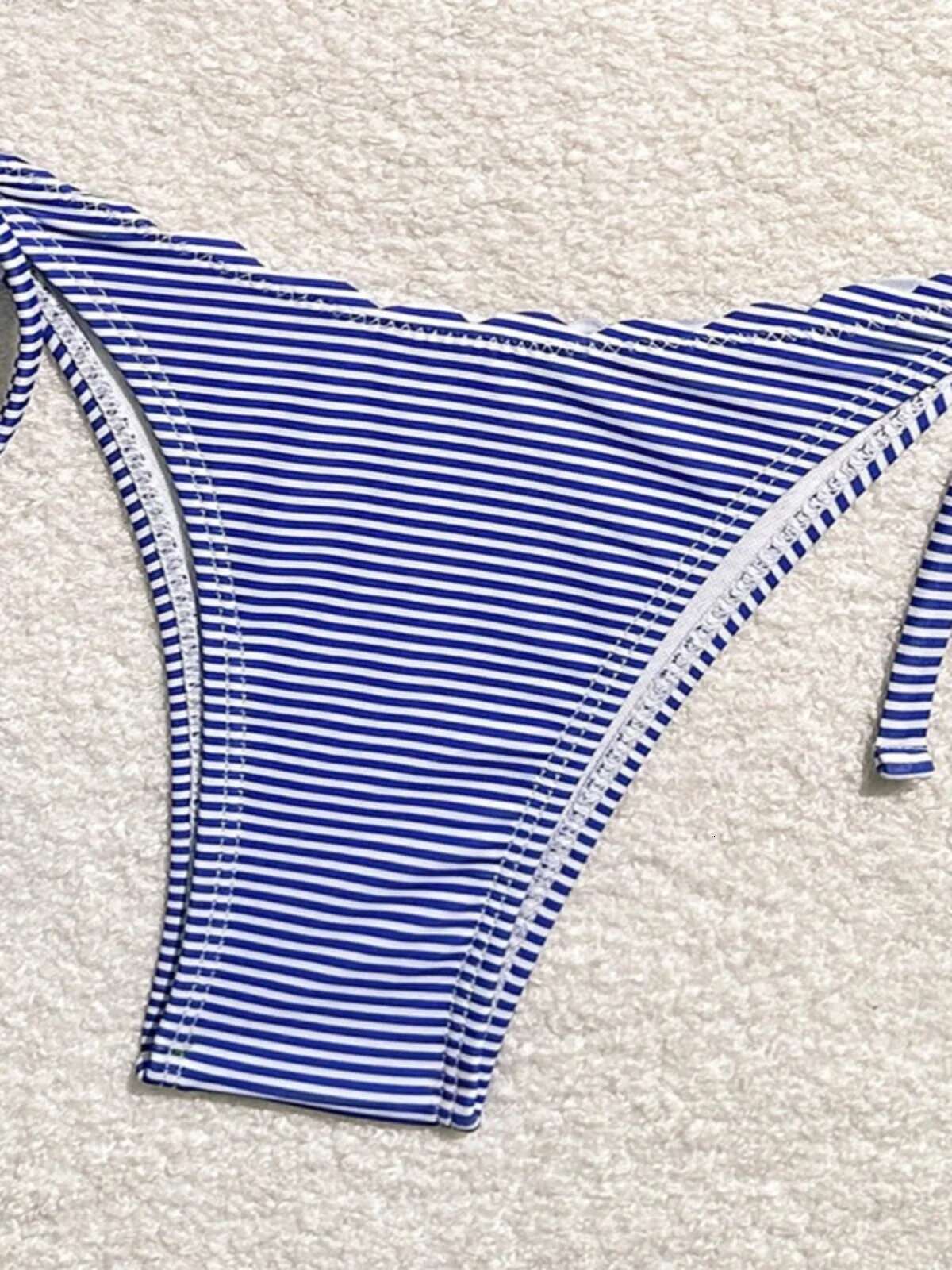 Dongdumaoyi Women S Blue Stripe Print Two Piece Swimsuit Sexy Mini Triangle Cup Bra Halter Backless Bikini Set Summer Beach Swimwear