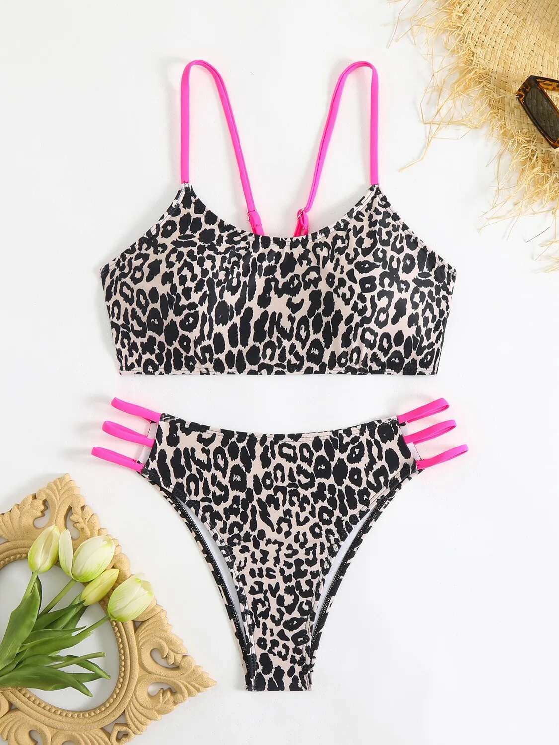 Dongdumaoyi Sexy Hot Pink Leopard Print Patchwork Bikini Set Women Push Up Hollow Out Bandage High Waist Swimsuit Bathing Suit Swimwear