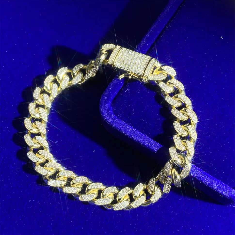 Iced Out 925 Silver Real 14K Yellow Gold Plated Round Cut Moissanite Zircon Diamond Cuban Link Bracelet for Mens