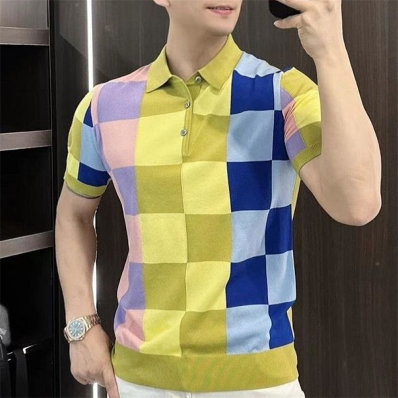 2024 Summer European Fashion Short Sleeved Lapel Checkerboard Patchwork Polo Shirt Slim Fit Business Casual Tshirt for Men 250321