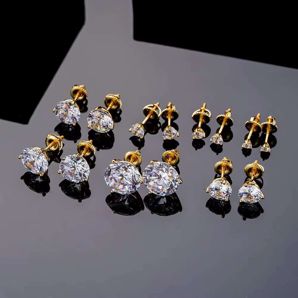 Fine Hip Hop Iced Out 5A Zircon Diamond 3mm Yellow Gold Plated 925 Silver Round Screwed Backed Stud Earrings for Unisex