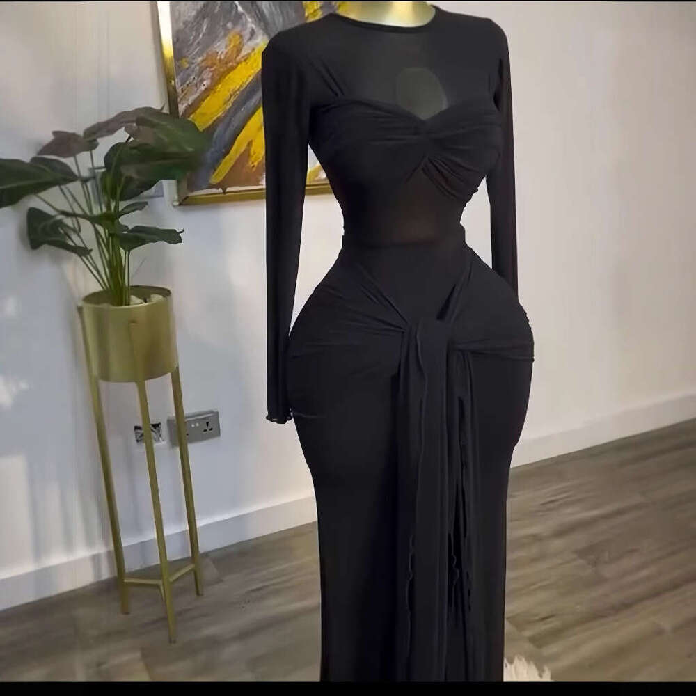 2025 Early Spring New Solid Color Sleeve Round Neck Bodycon Elegant Long Dress for Women