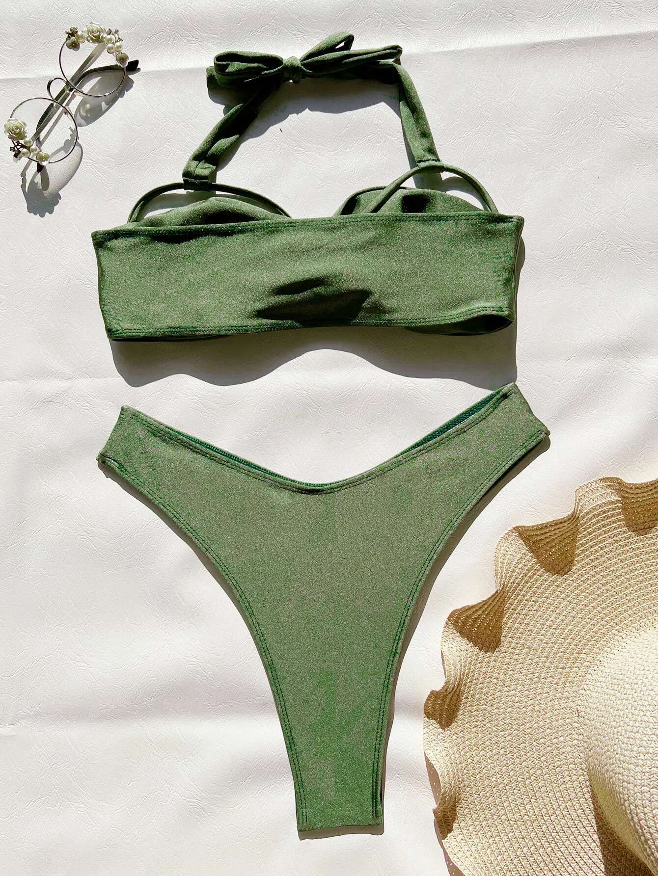 Dongdumaoyi Sexy Green Bikini Women Halter Cut Up Cross Backless Push Pad Swimsuit Beach Bathing Suit Hollow Out High Waist Swimwear