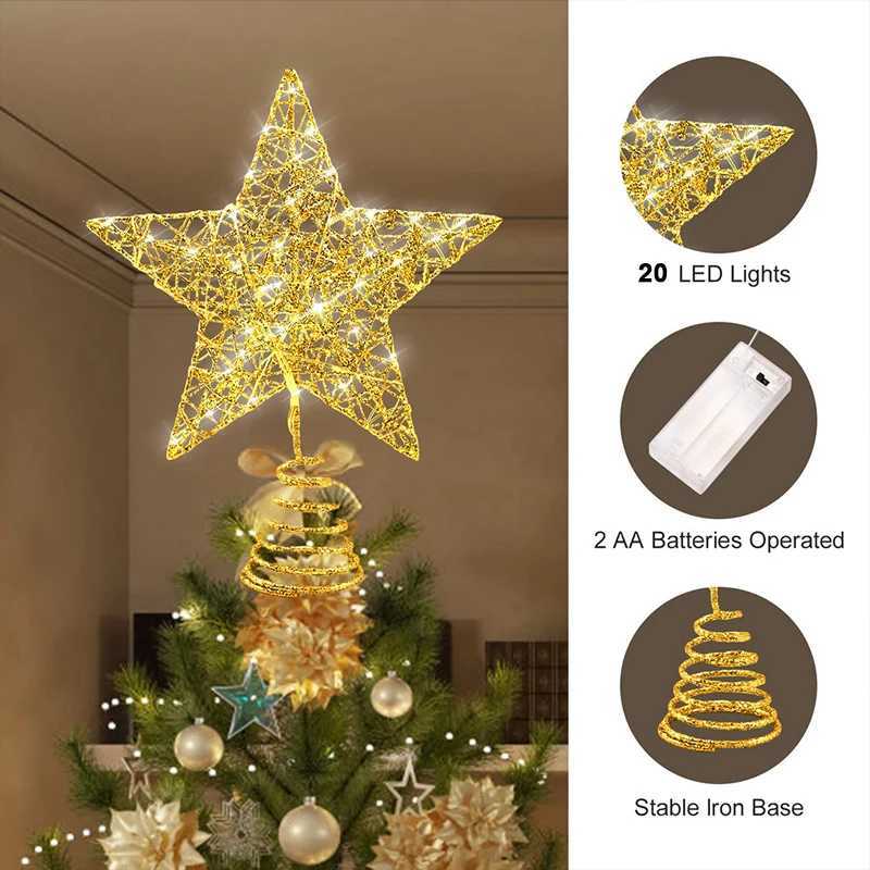 Star Tree Topper with 20 LED Lights String Metal Silver/gold Lighted Treetop Ornament Battery Operated for Christmas Tree Decor W251107