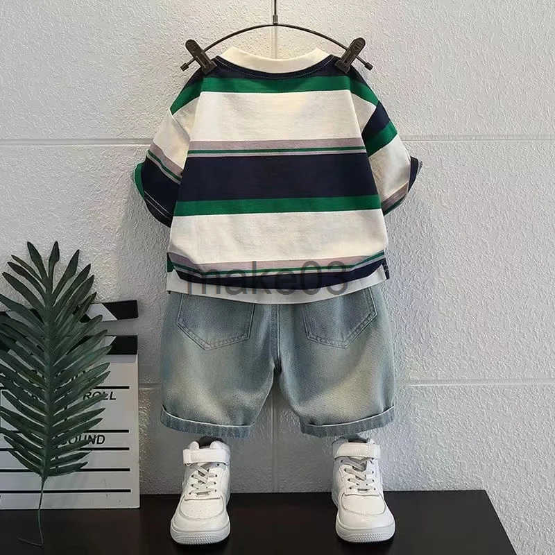 Short sleeved summer striped letter shirt jeans 2-piece baby boy clothing fashion mid size sportswear childrens set J250403